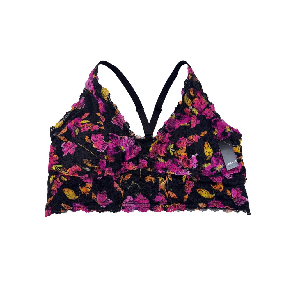NWT Torrid Womens Floral Lace Lightly Lined XO Front Bralette Black Pink Size 1